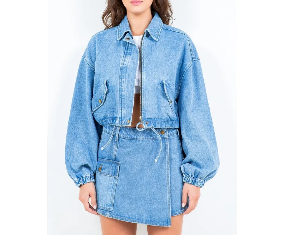 Drawstring Waist Crop Denim Jacket