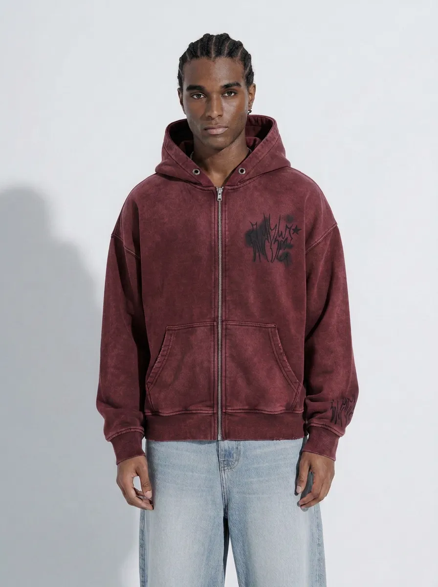 Men's Streetwear Graffiti Star Printed Washed Zip Up Hoodie