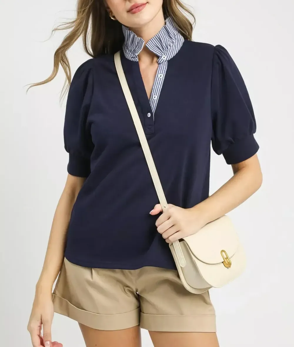 Striped Collar Half-Button Popover Top