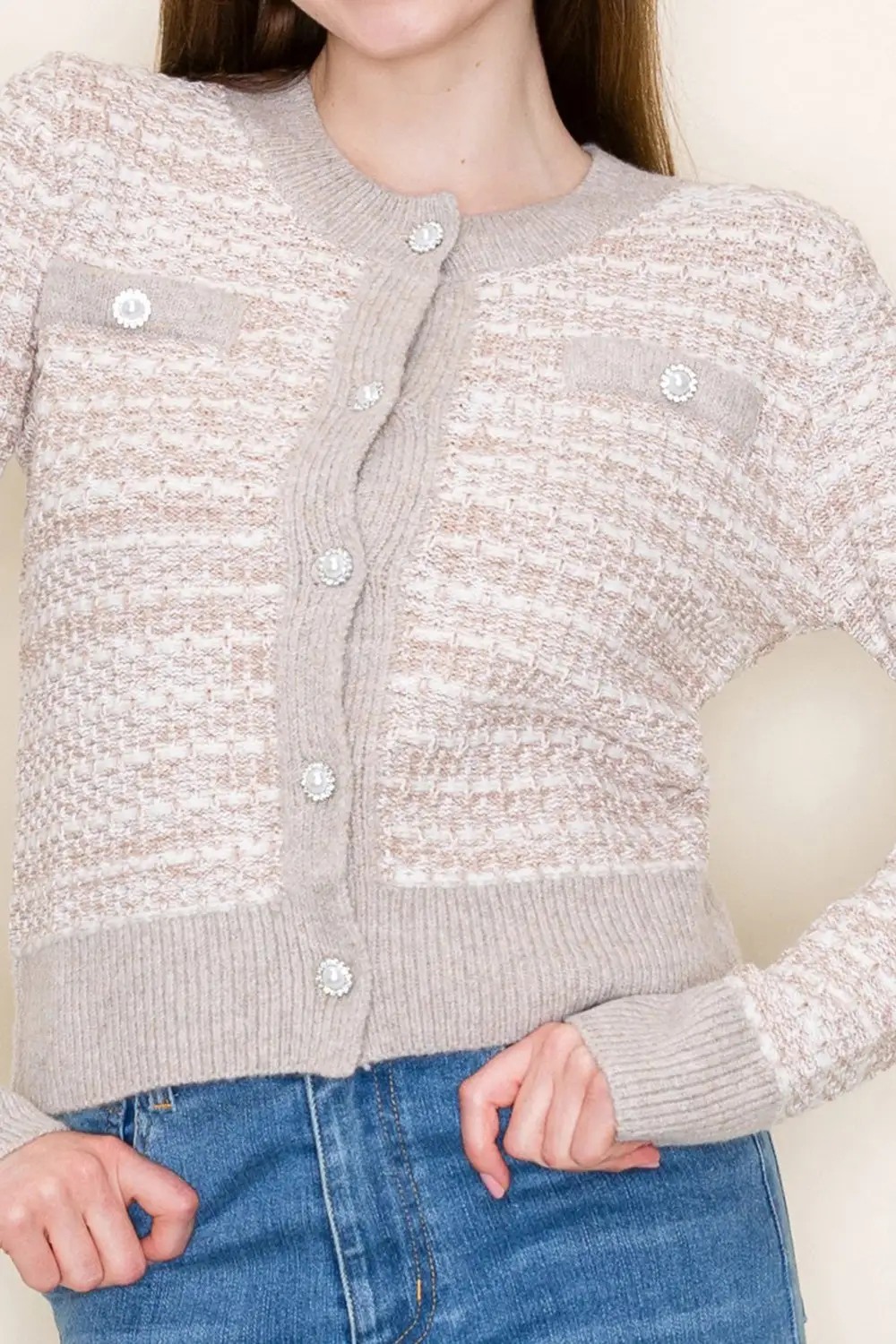 Ribbed Button Front Rhinestone Detail Pearl Detail Cardigan