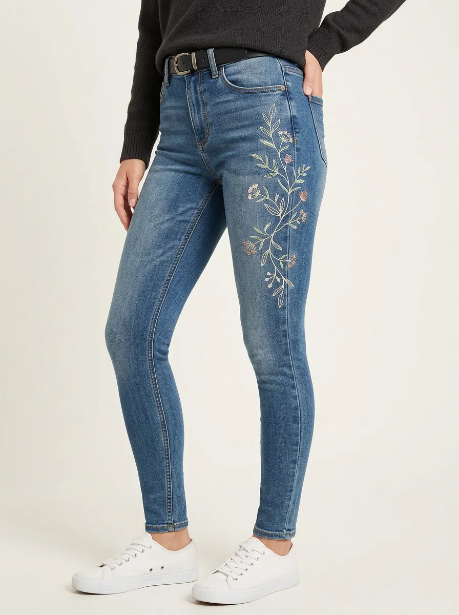 Women's Sierra Floral Nature Embroidered Printed Slim Jeans