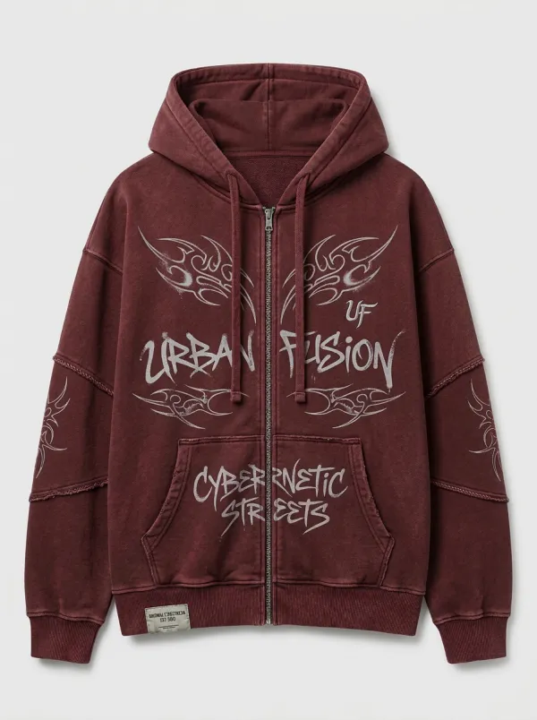 Unisex Streetwear Urban Fusion Tribal Printed Zip-up Hoodie