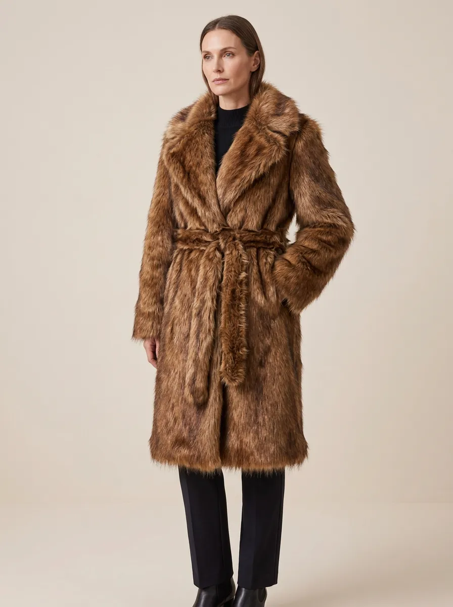 Line Faux Fur Belted Coat
