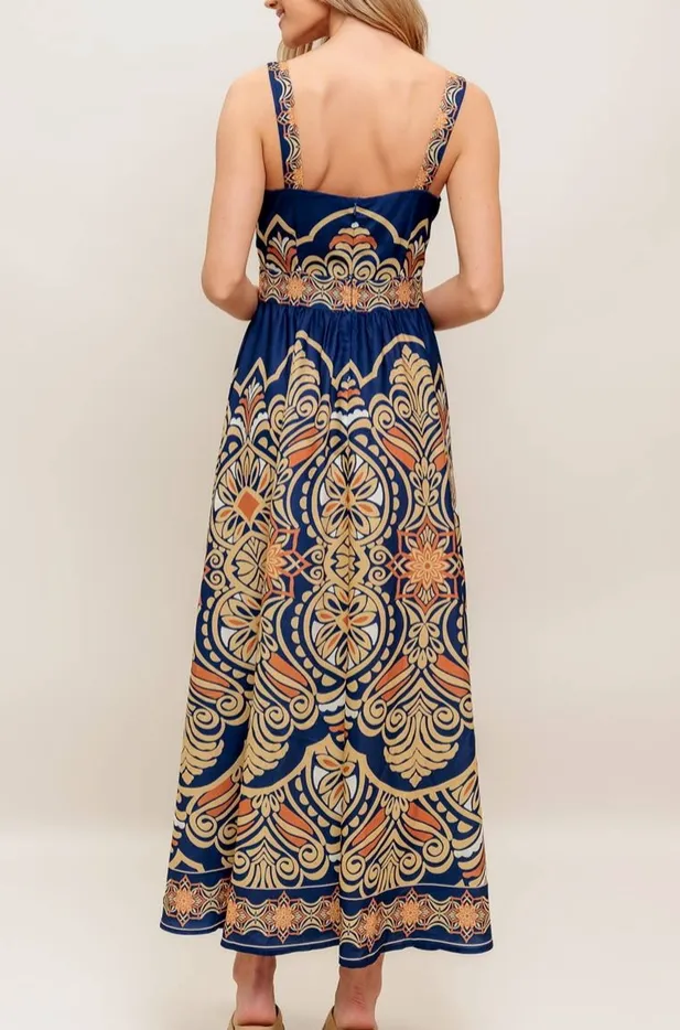 Navy Ornate Print Flowy Midi Dress