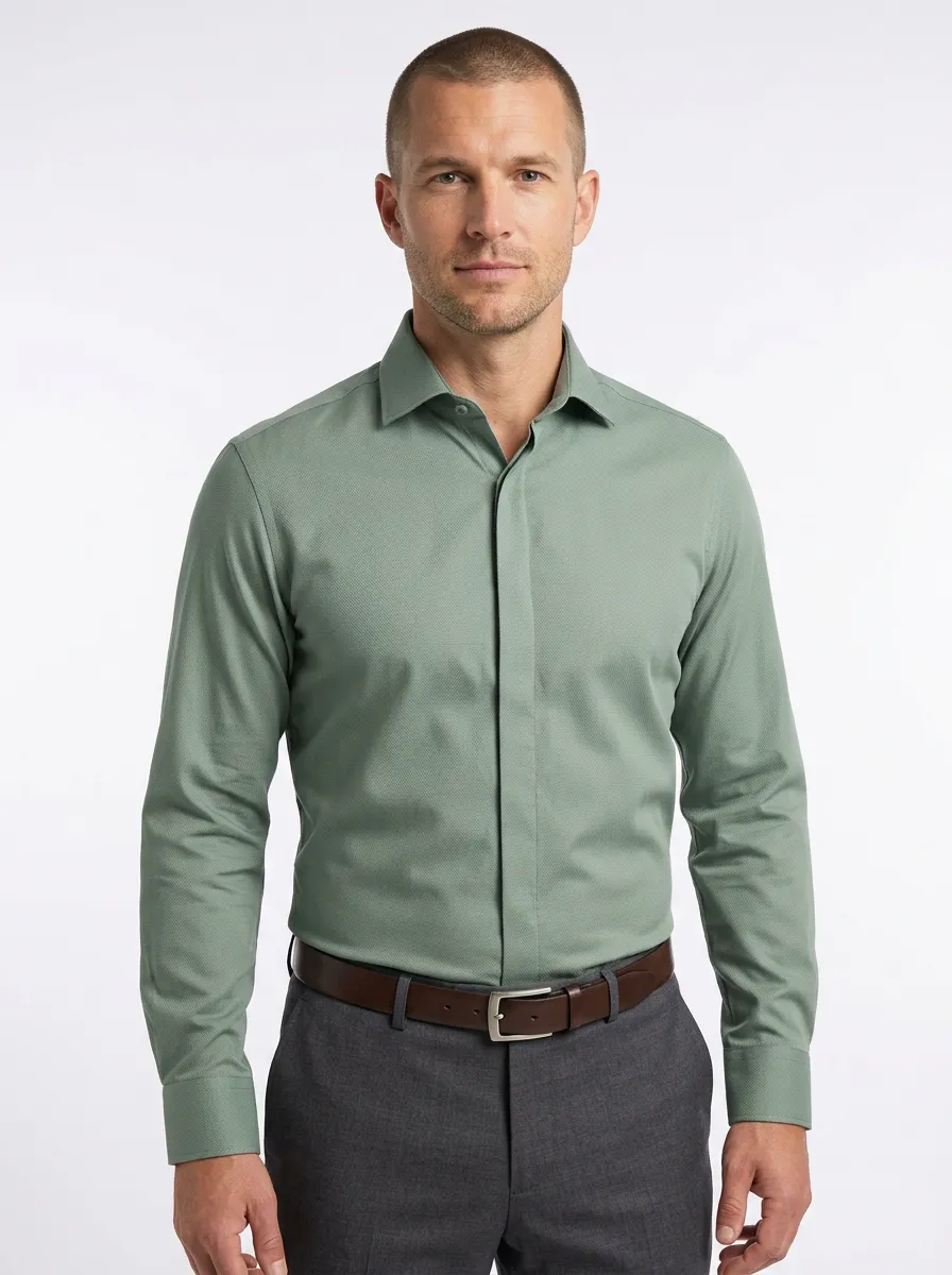 Men's Business Casual Sage Green Textured Long Sleeve Dress Shirt