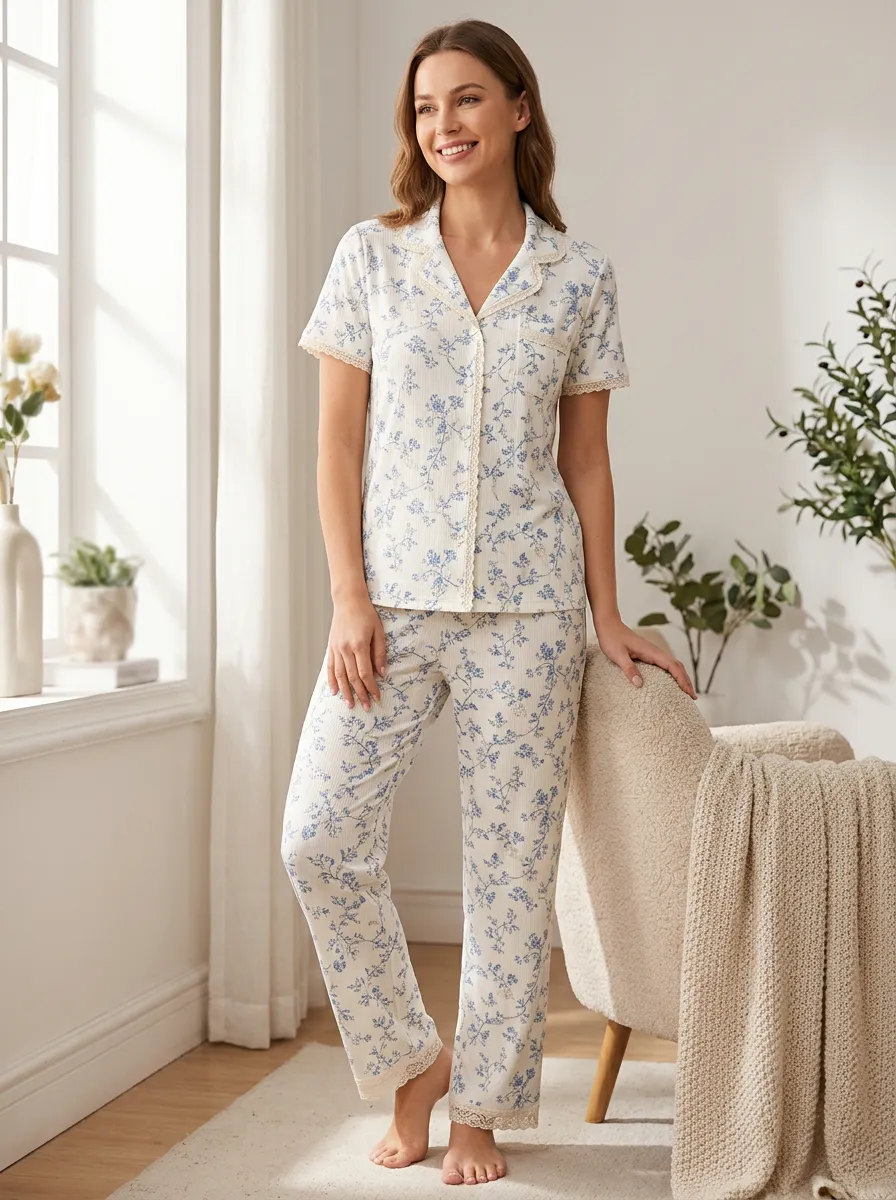 Women's Floral Pattern Lace Trim Printed Pajama Set