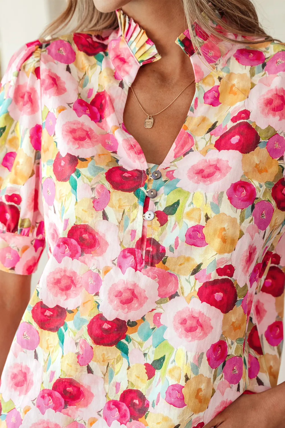 Pink Floral Frilled V Neck Blouse