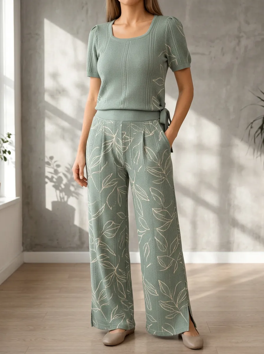Women's Botanical Leaf Patterned Waffle Wide Leg Pants Set