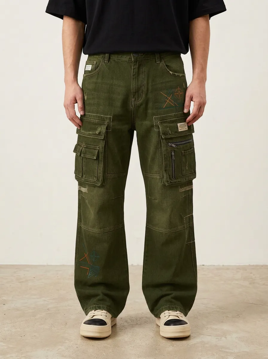 Men's Streetwear Geometric Cross Printed Distressed Denim Cargo Jeans