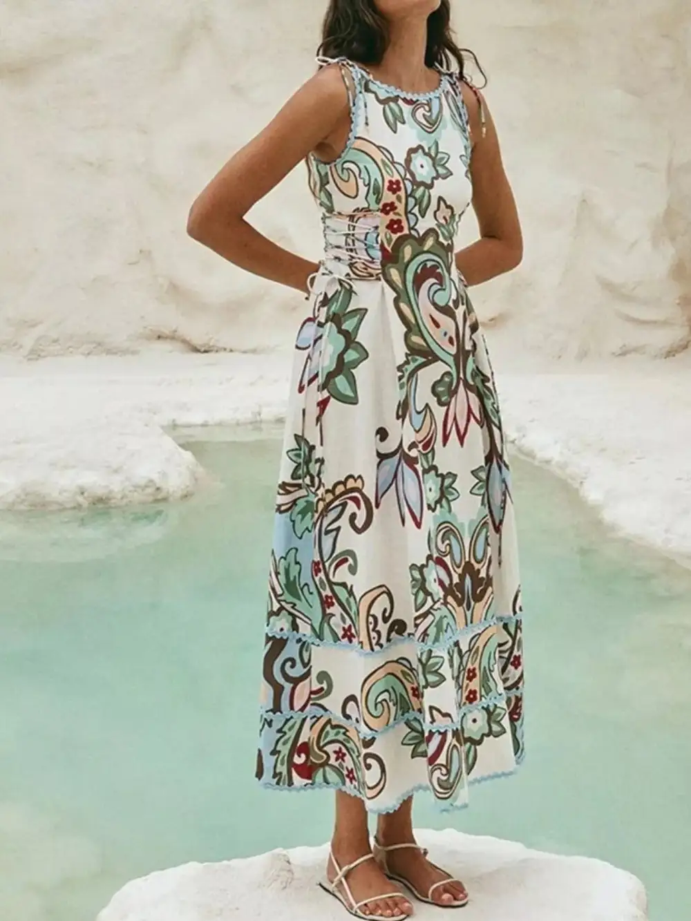 Floral Print Tie Shoulder Sleeveless Tiered Midi Dress