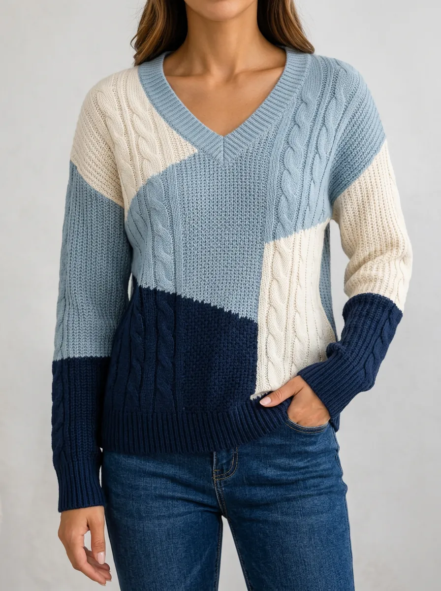 Modern V Neck Sweater with Colorblock Cable Knit Detail