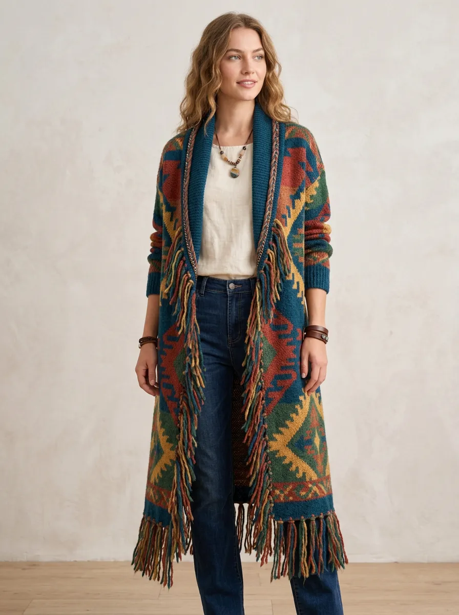 Women's Boho Style Southwestern Pattern Fringed Knitted Cardigan