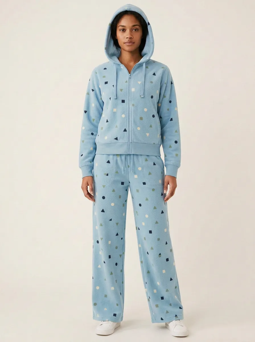 Women's Geometric Print Zip-Up Hoodie And Lounge Pant Set