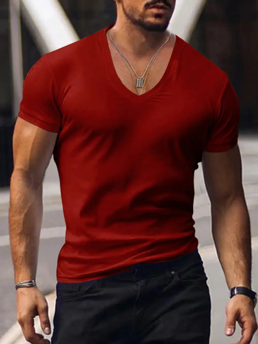 Polyester-Blend V-Neck Short-Sleeve T-Shirt