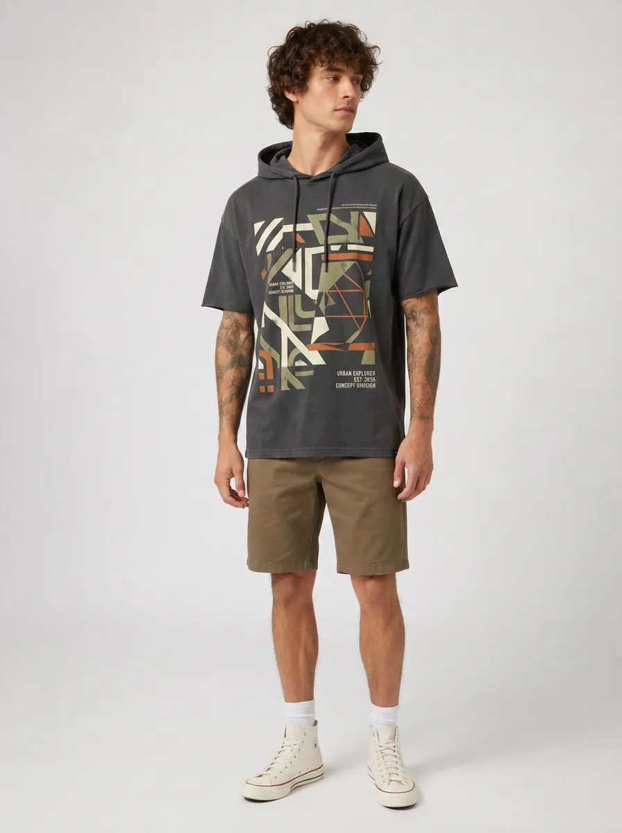 Men's Urban Explorer Geometric Abstract Printed Hooded T-shirt