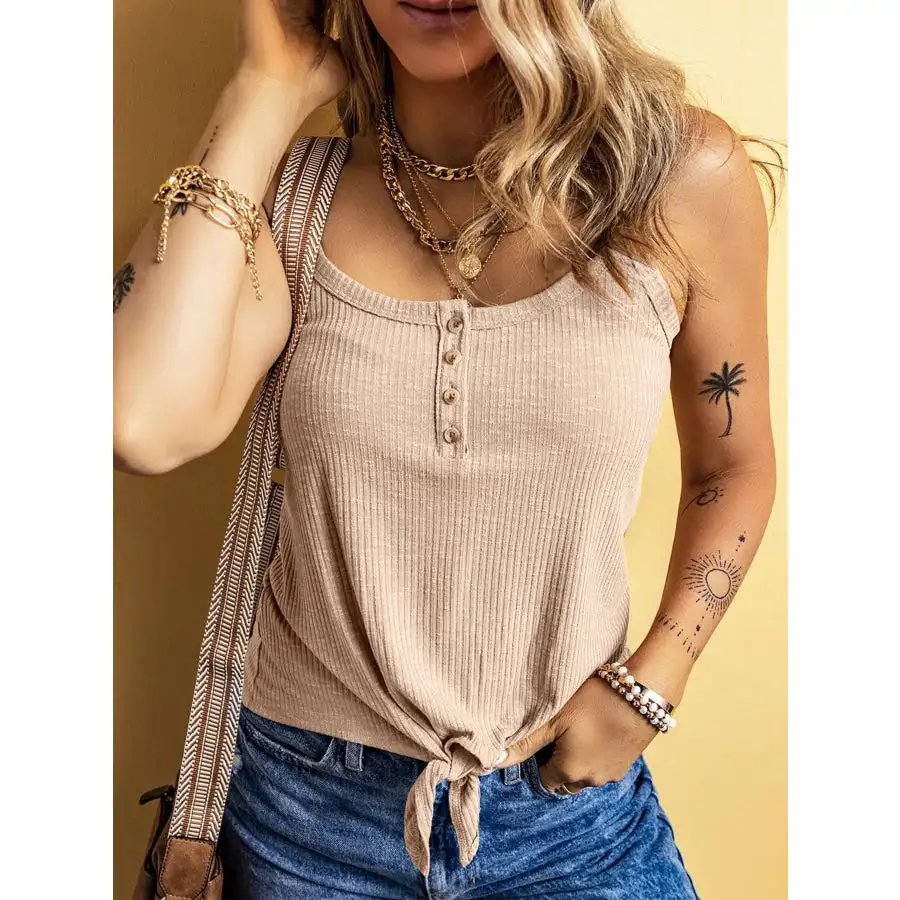 Full Size Ribbed Button Front Tie Hem