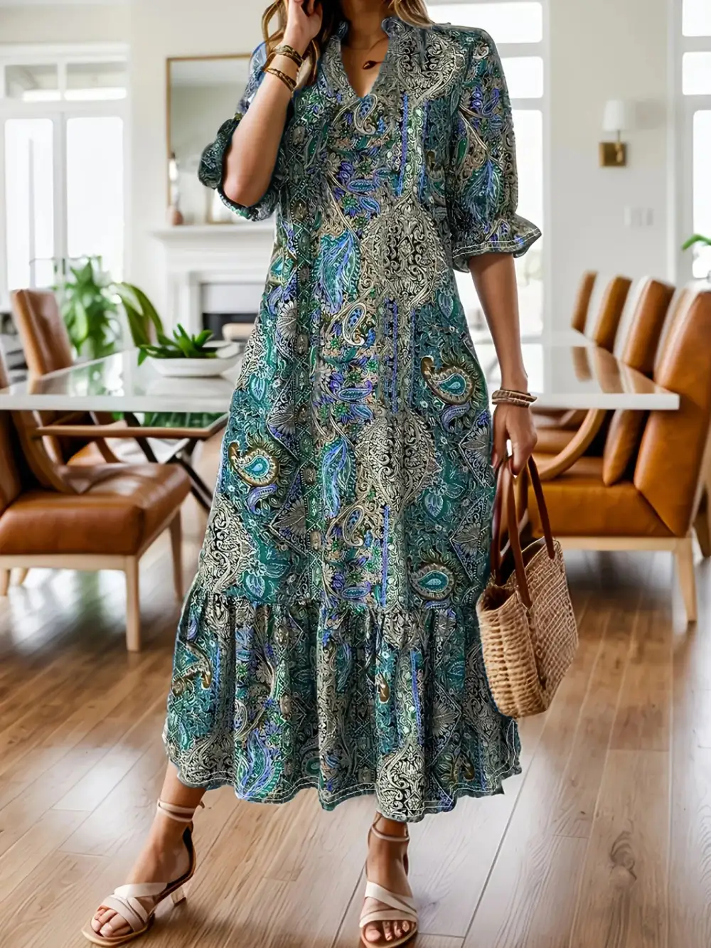 Plus Size Bohemian Paisley Printed Ruffle Hem Midi Dress
