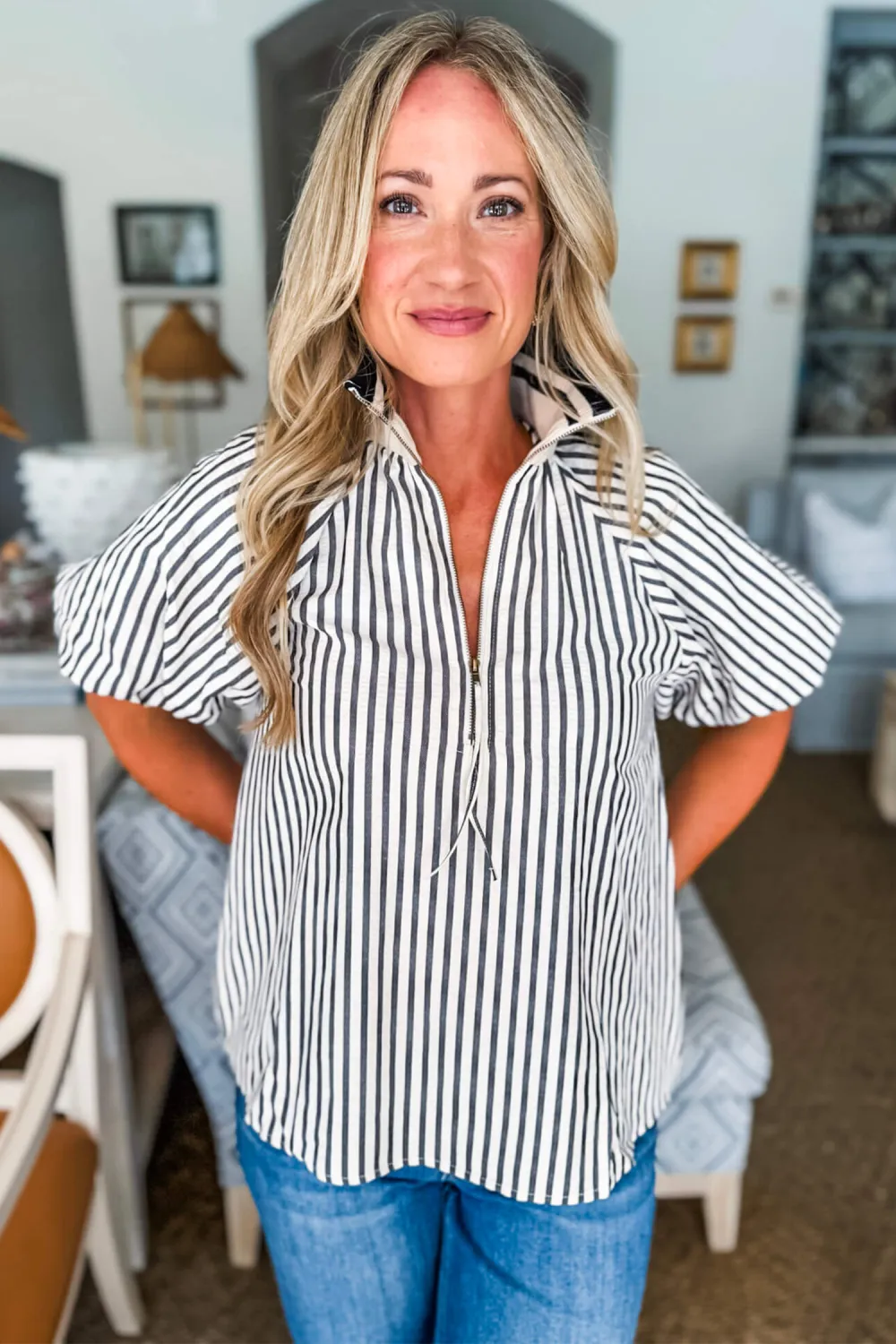 Black Stripe Polo Collar Half Sleeve Blouse