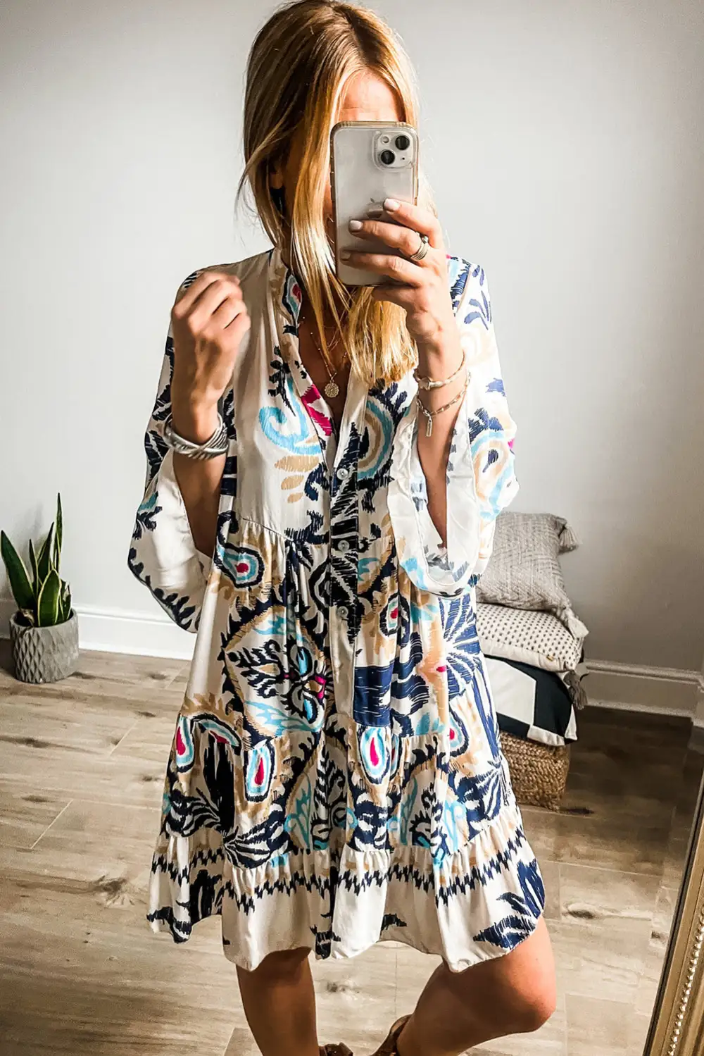 Printed Tribal Print Bracelet Sleeve Buttoned Mini Dress