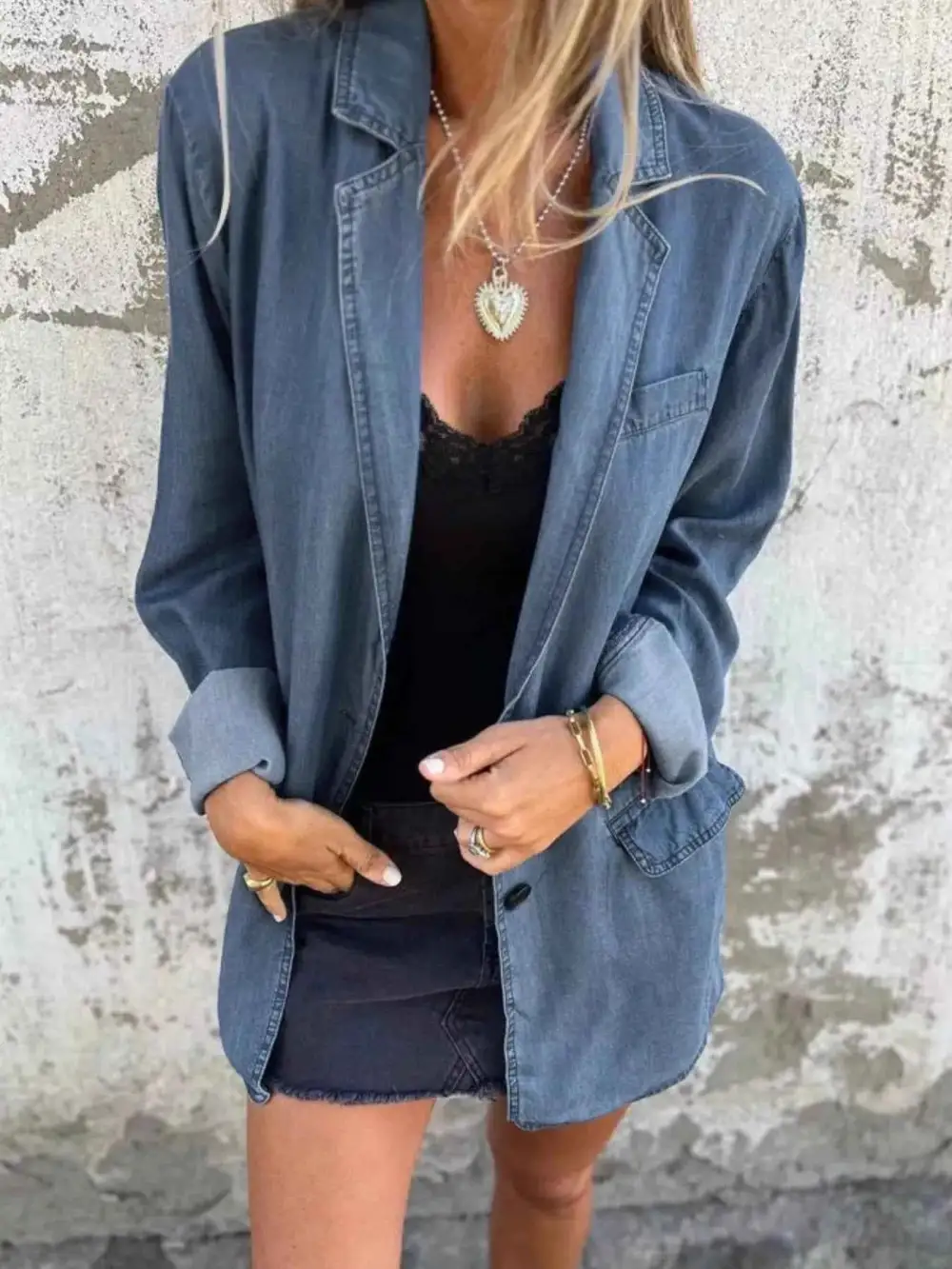 Plus Size Button Down Denim Blazer