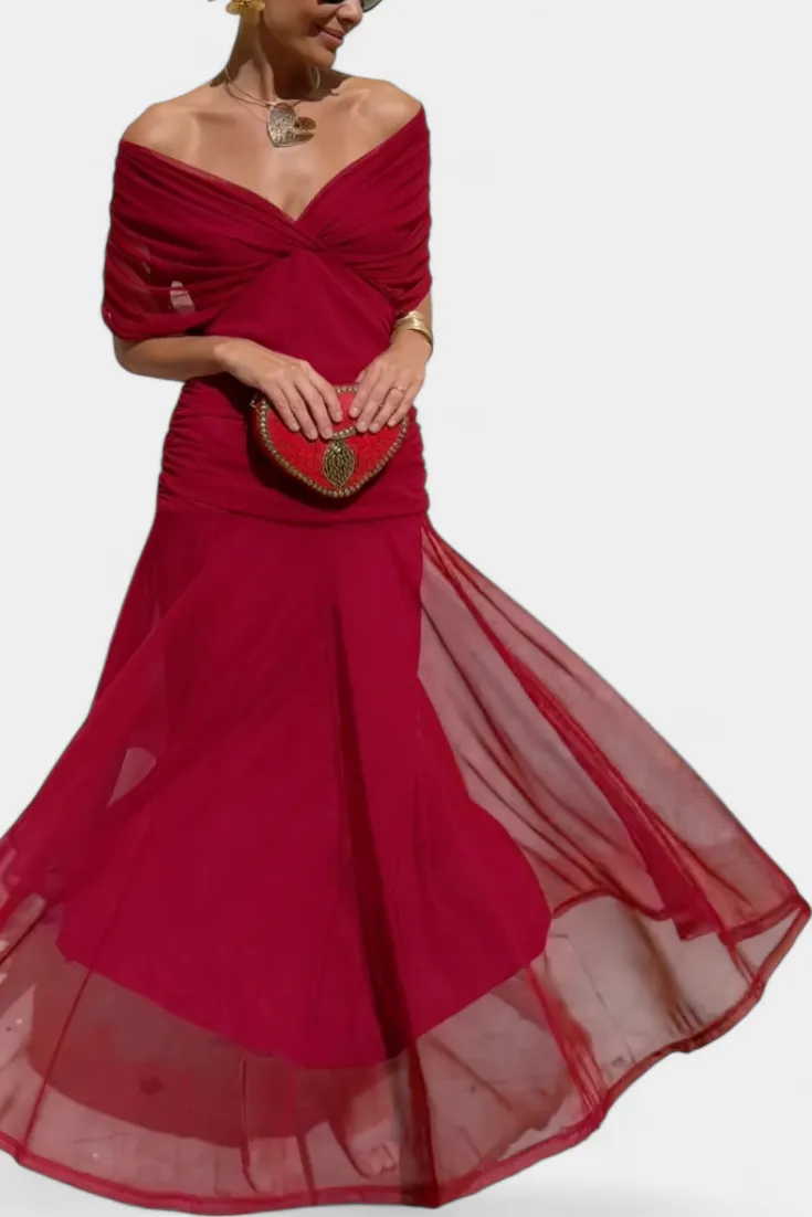  Off Shoulder V Neck Midi Dress