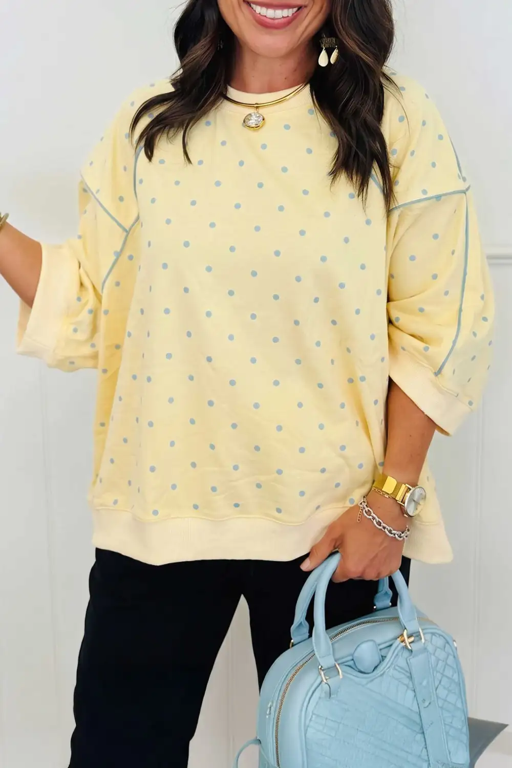 Polka Dot Round Neck Contrast Trim Relaxed Stretch Fabric Three Quarter Sleeve Top