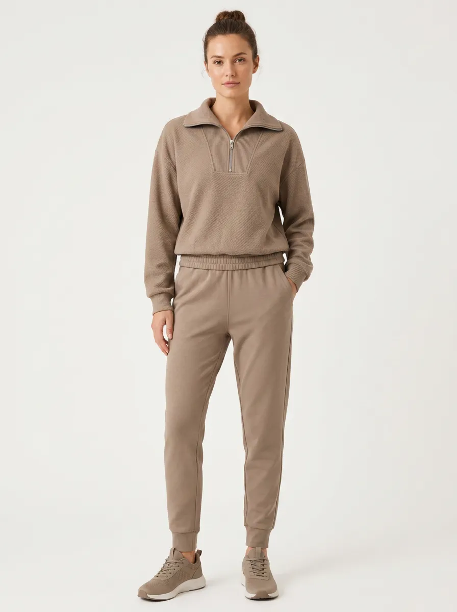 Women's Casual Lounge Taupe Quarter-Zip Pullover Jogger Set