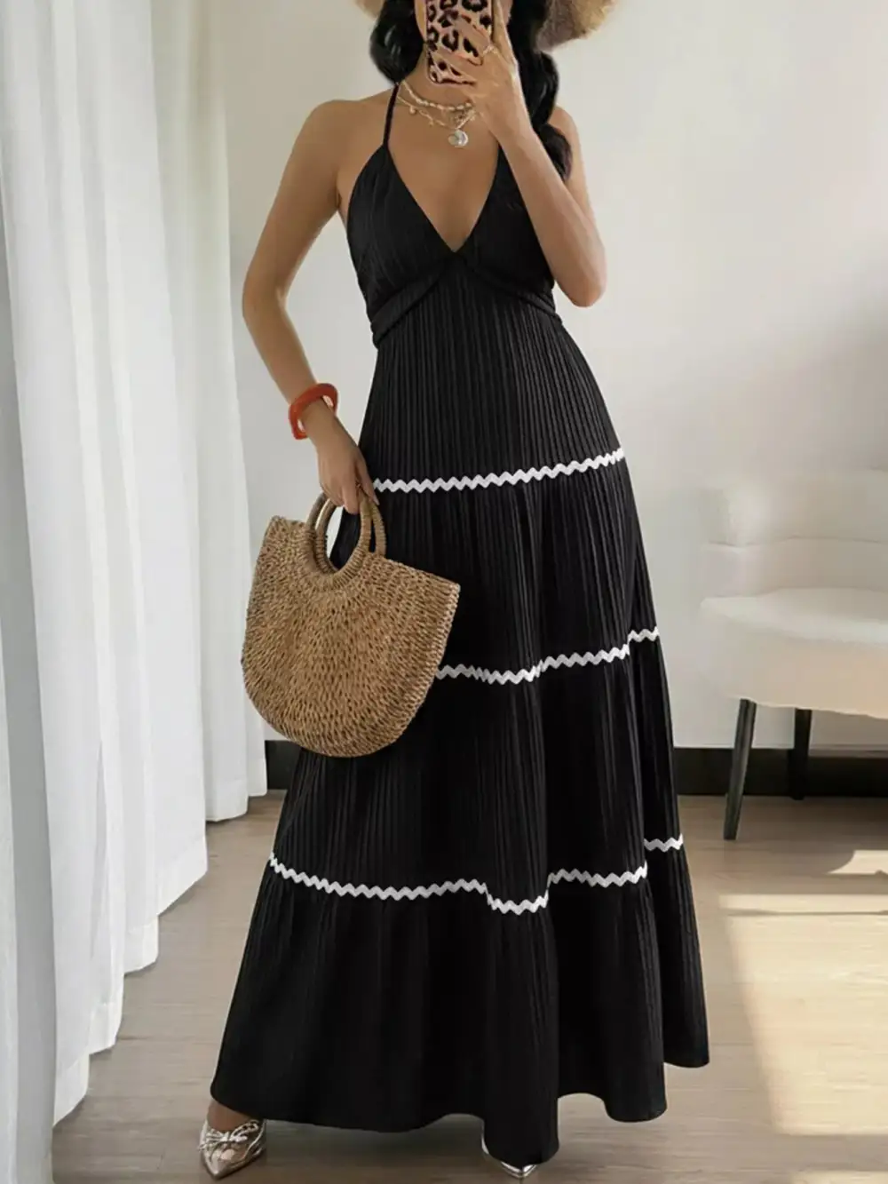 Classic Halter Neck Pleated Maxi Dress