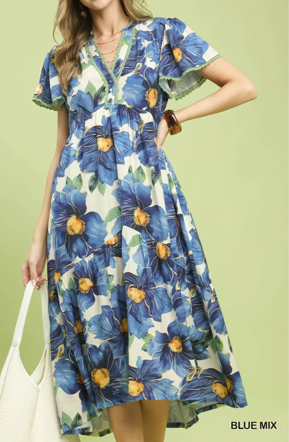 Tropical Tropical V-Neck Flutter Sleeve Tiered Midi Dress