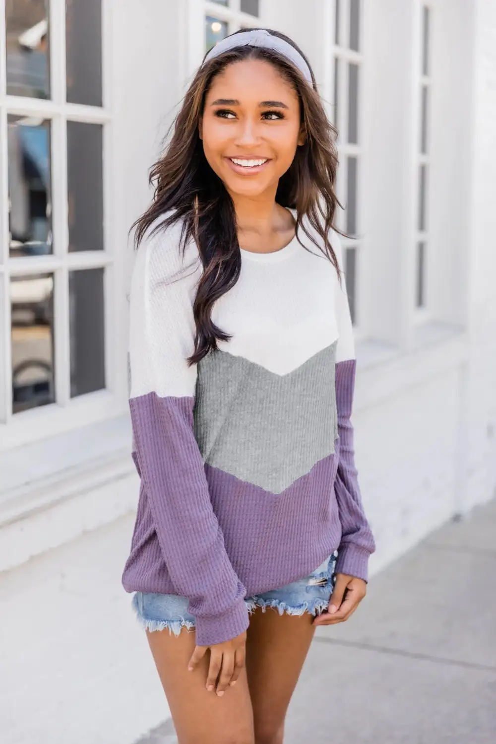 Chevron Waffle Color Block Sweatshirt