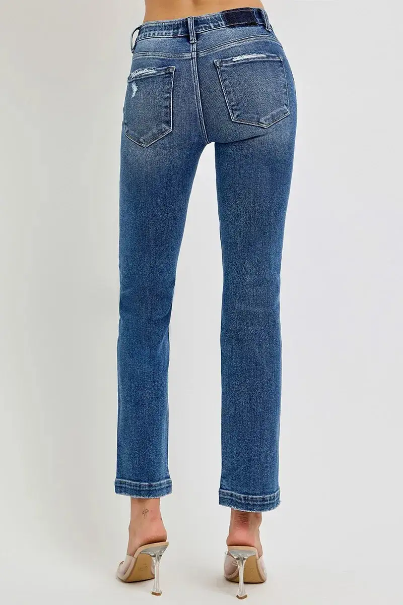 Mid Rise Elastic Waist Released Hem Straight Leg Jeans