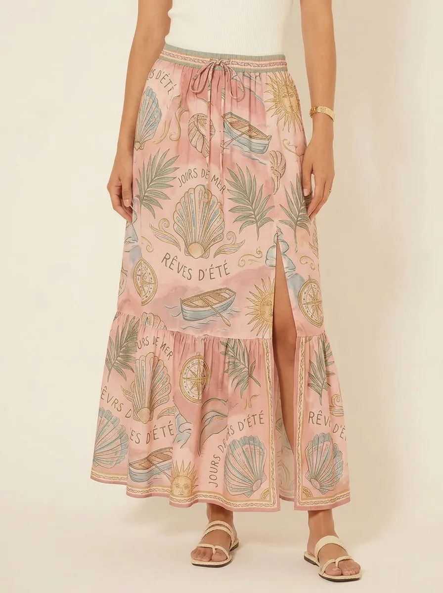 Women's Beach Vacation Seashell Boat Printed Maxi Skirt