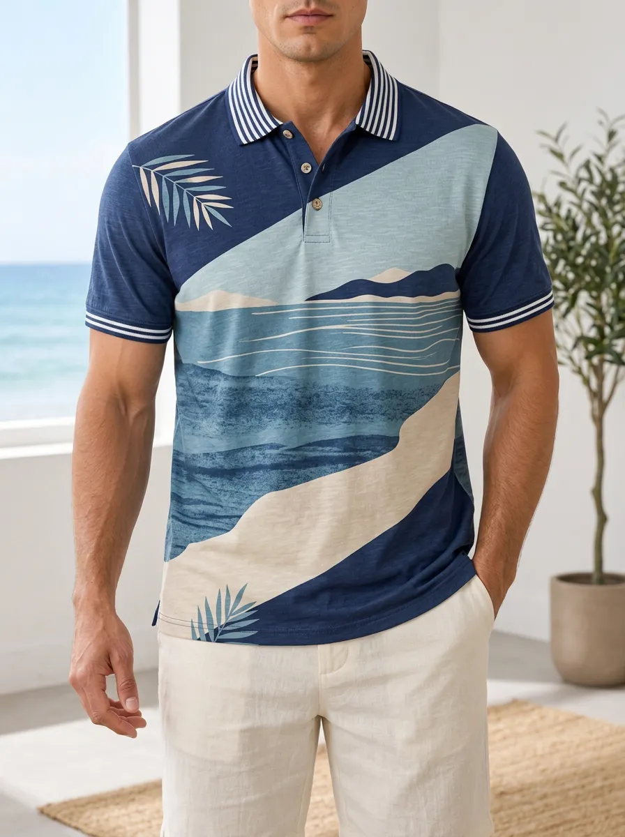 Men's Beach Vacation Tropical Landscape Printed Polo Shirt