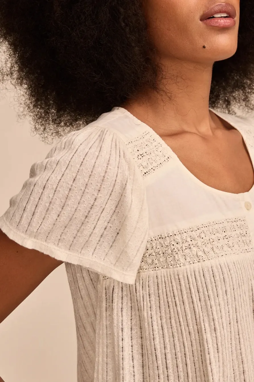 White Smocked Lace Tee