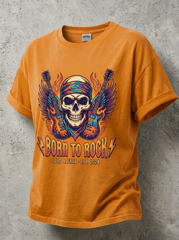 Unisex Rock Music Lover Skull Guitar Flame Printed T-shirt