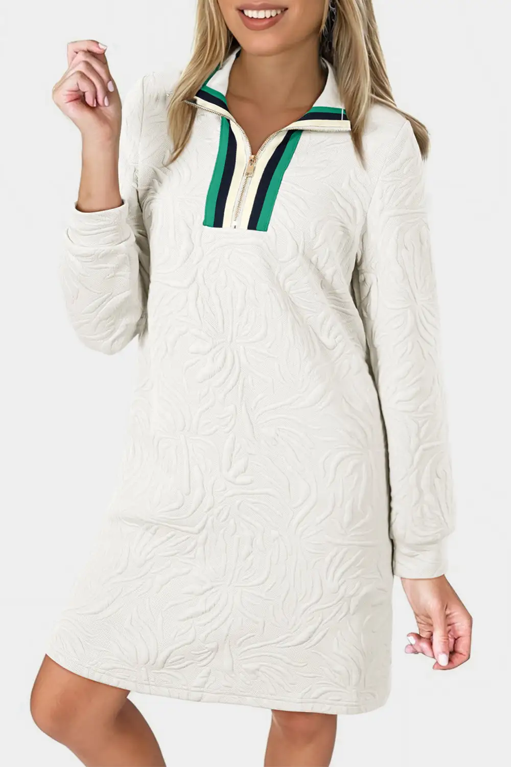 Jacquard Textured Quarter Zipper Shift Mini Dress