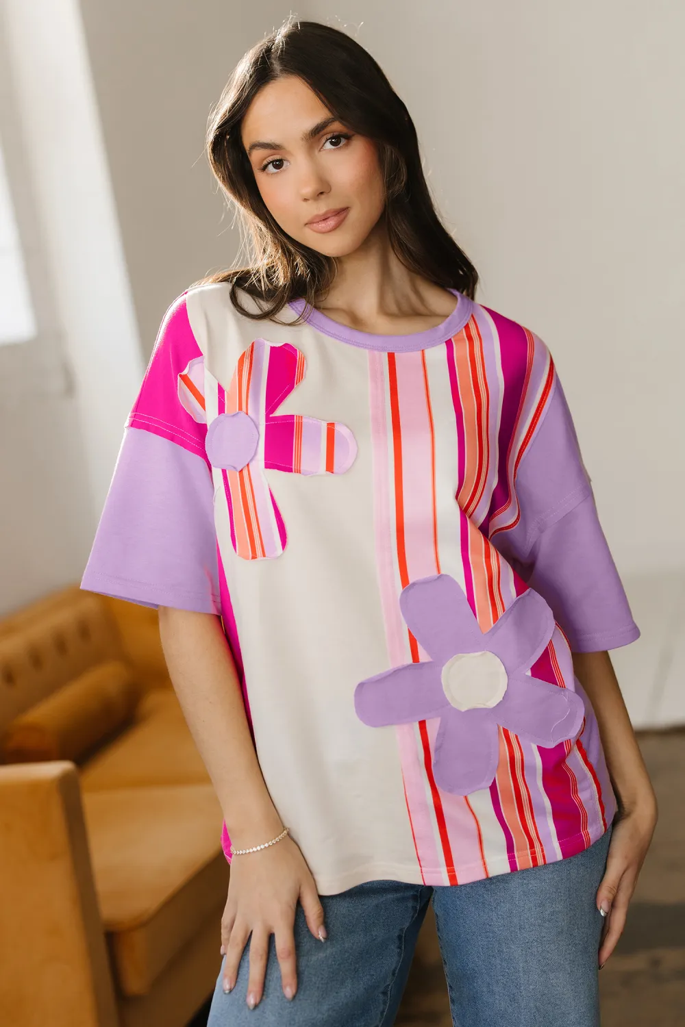 Pink Striped Block Flower Patched Top