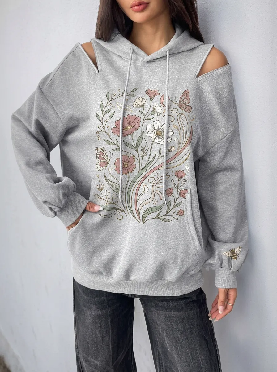Women's Floral Butterfly Bee Nature Printed Cold Shoulder Hoodie