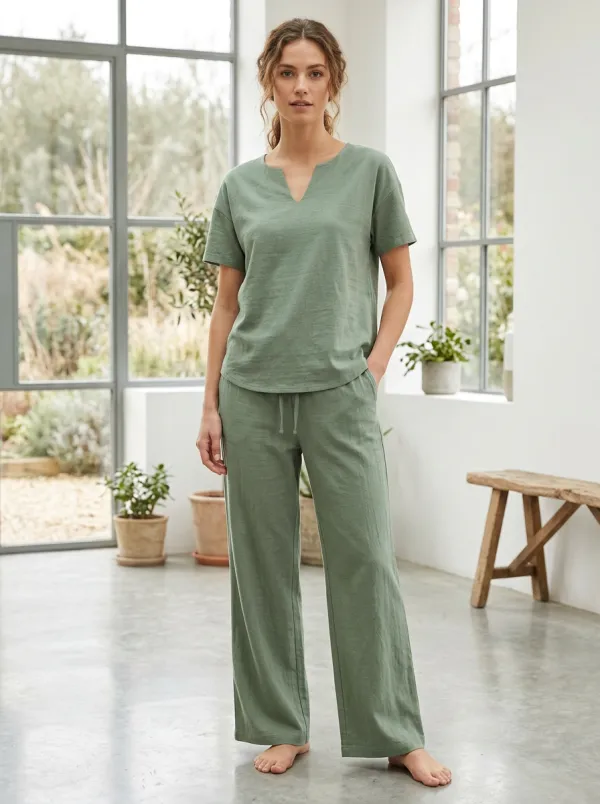 Short-Sleeve Linen-Blend Minimalist Women's V-Neck Casual Lounge Set