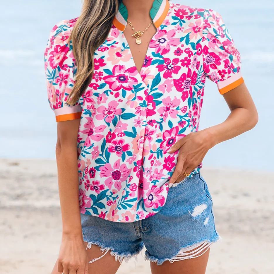 Everyday Striped Floral Short Sleeve Blouse