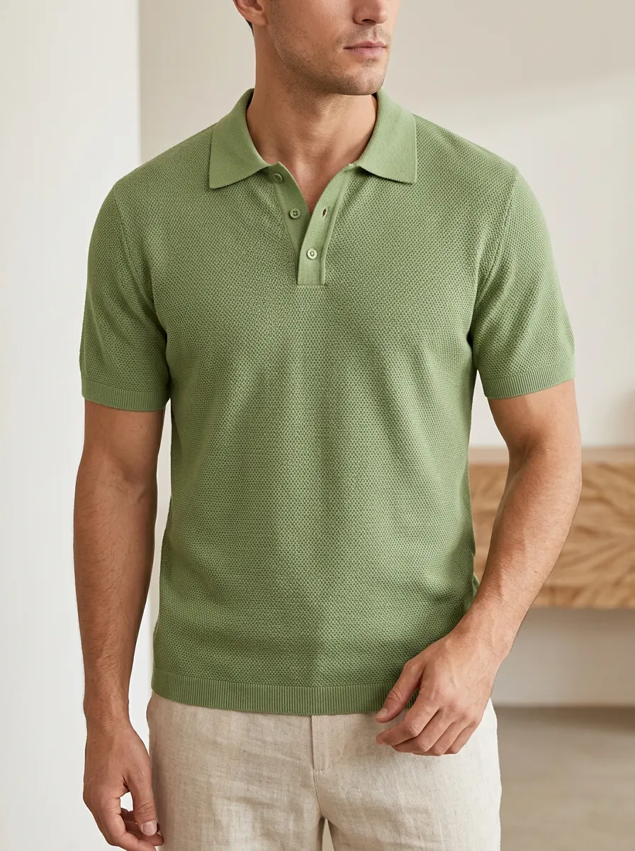 Men's Buttoned Textured Knit Polo Shirt