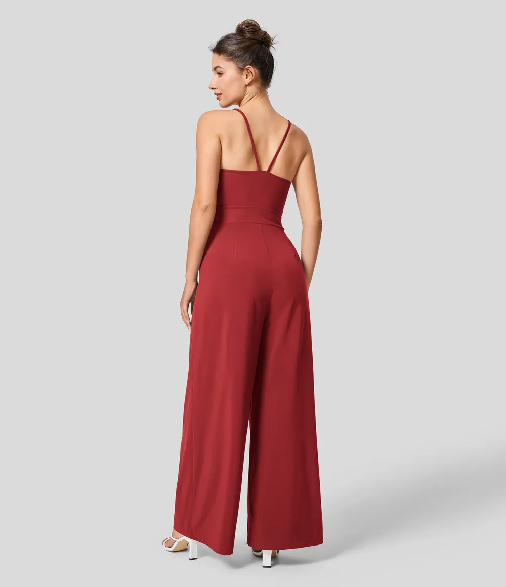 Breezeful Backless Side Invisible Zipper Pocket Wide Leg Quick Dry Resort Slip Jumpsuit