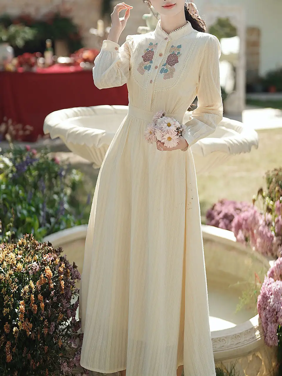 Embroidered Stand Collar Maxi Dress