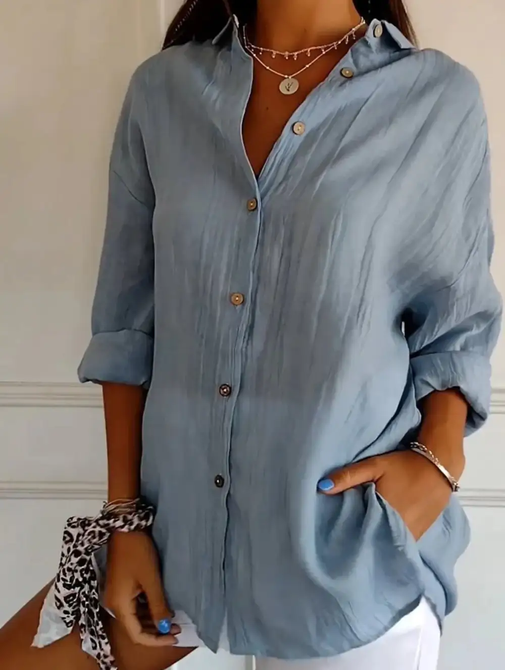 Button Detail Pleated Button-Up Shirt