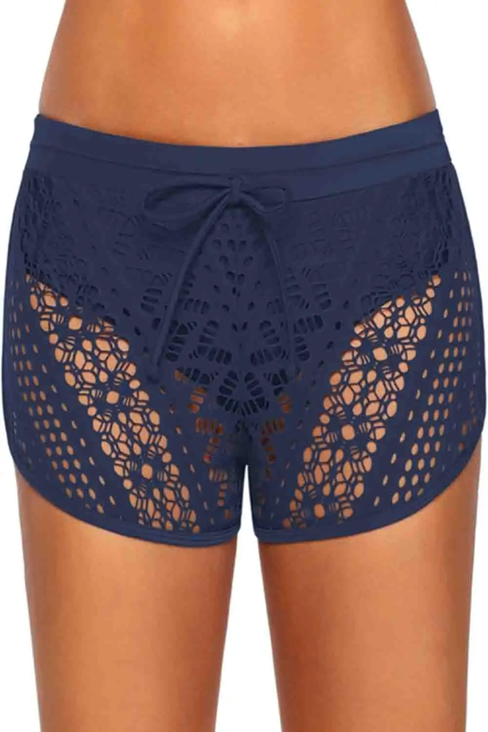 Swimwear Lace Panel Drawstring Waist Plus Size Swim Shorts