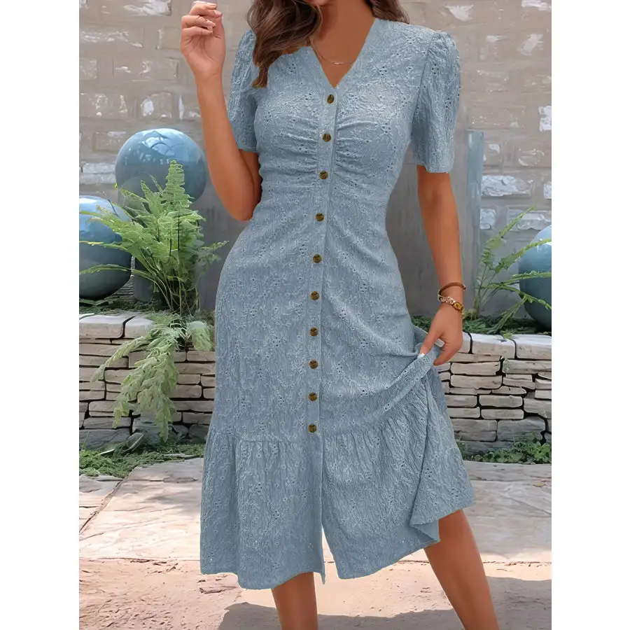 Eyelet Button Front V-Neck Midi Dress