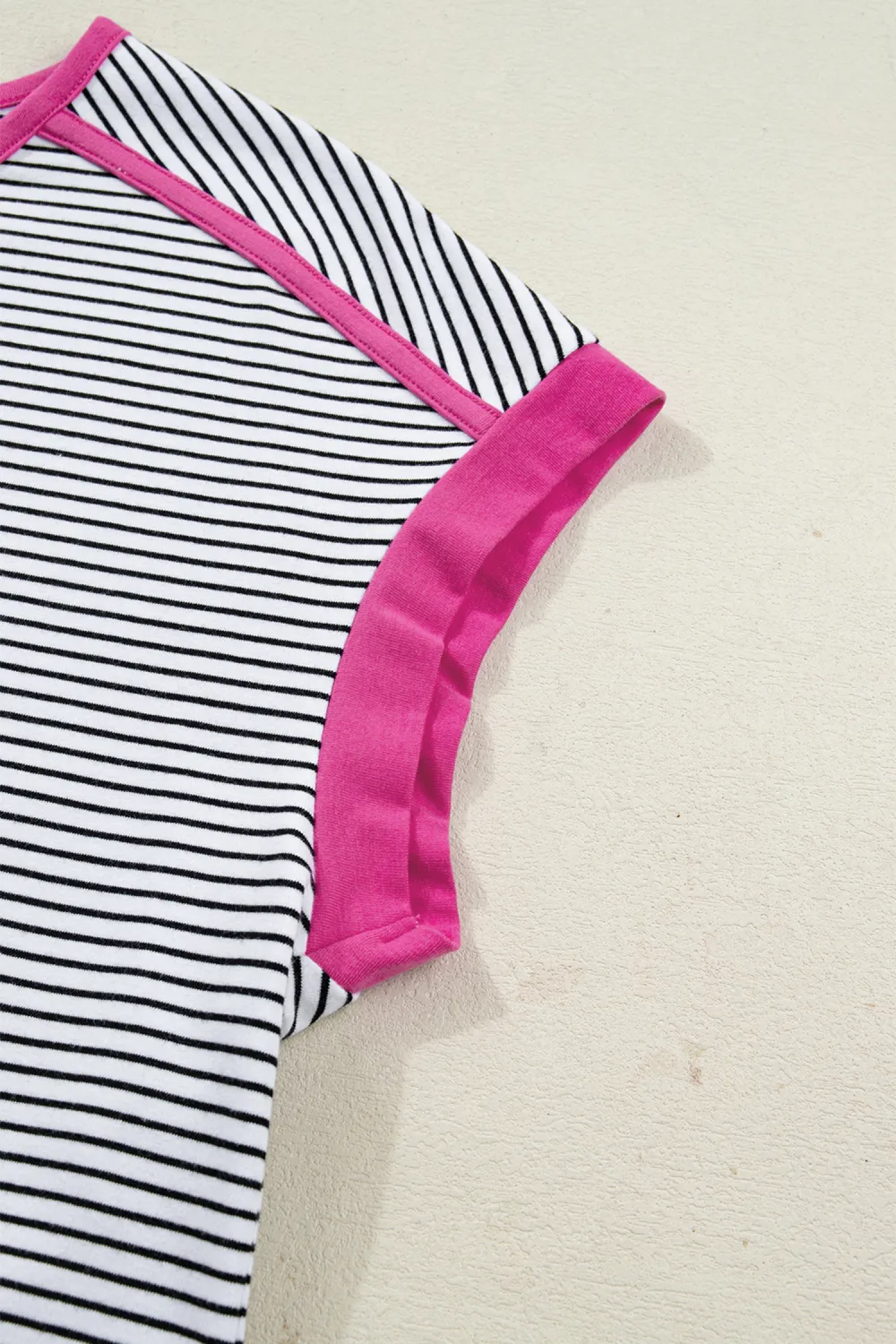 Rose Stripe Contrast Trim Round Tee