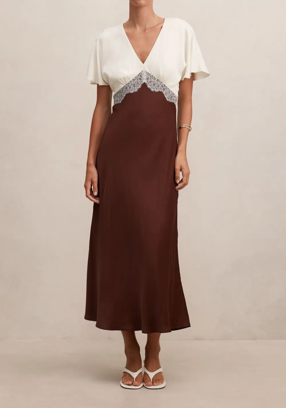 Burgundy Flutter Sleeve Satin Lace Midi Dress