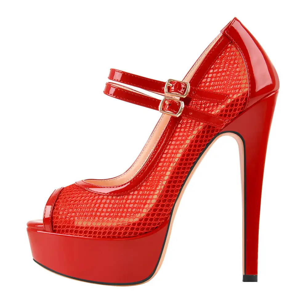 Mesh Detail Peep Toe Platform Stiletto Buckle Strap Pumps
