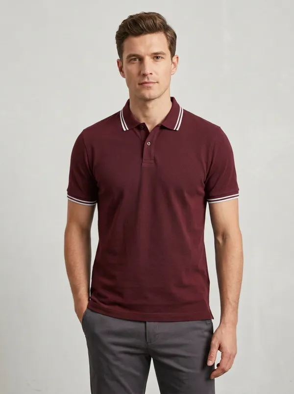 Men's Navy Blue Contrast Striped Collar Printed Polo Shirt